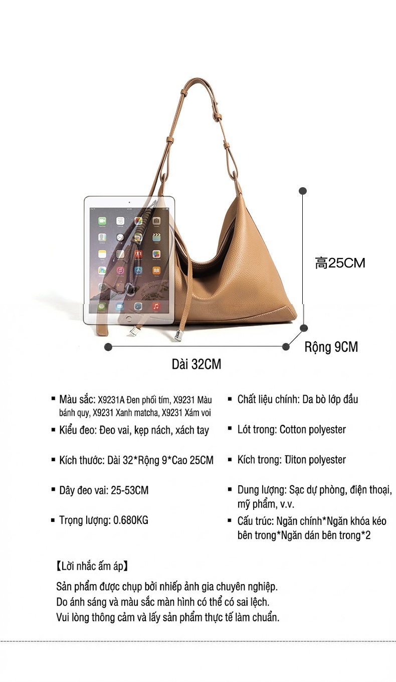 Túi Hobo Nữ Da Bò Thiết Kế Pháp Sang Trọng Màu Nâu, Xanh Olive chi tiết 12