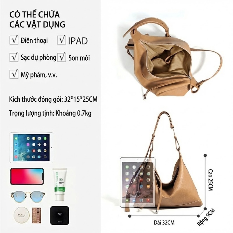 Túi Hobo Nữ Da Bò Thiết Kế Pháp Sang Trọng Màu Nâu, Xanh Olive