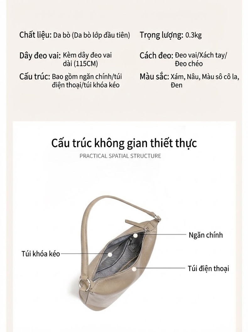 Túi Hobo Nữ Da Bò Vân Thực Vật Cổ Điển Đeo Vai, Đeo Chéo Màu Nâu, Đen, Xám chi tiết 8