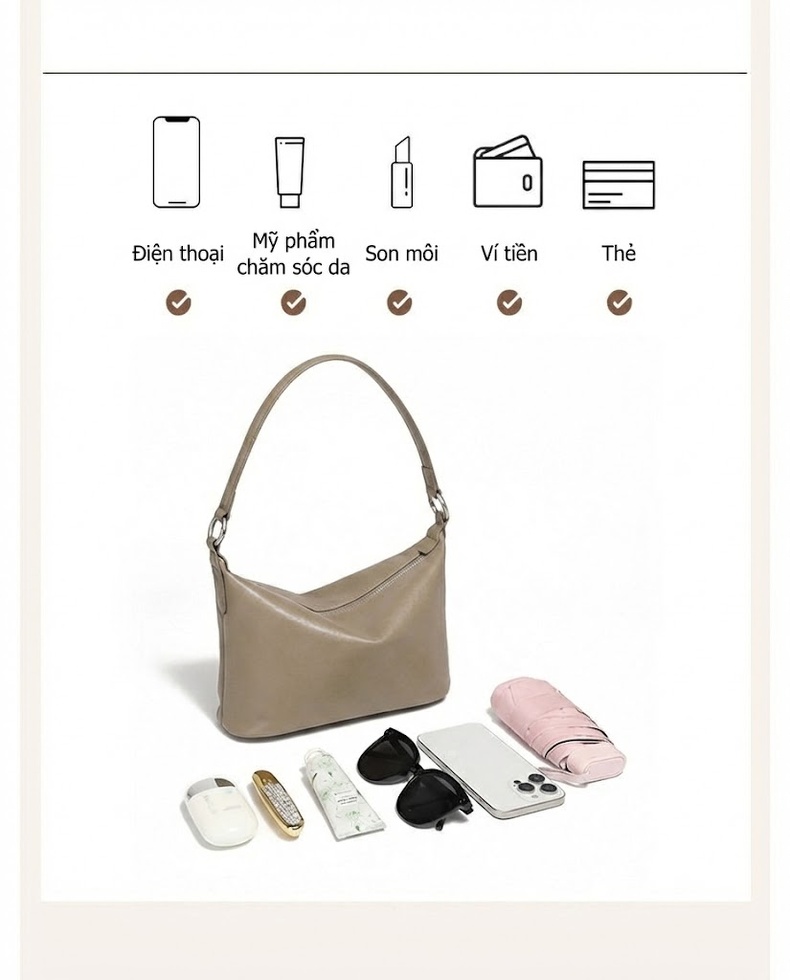 Túi Hobo Nữ Da Bò Vân Thực Vật Cổ Điển Đeo Vai, Đeo Chéo Màu Nâu, Đen, Xám chi tiết 9