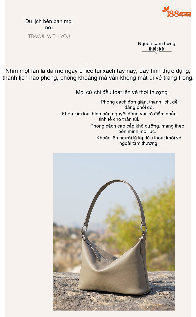 Túi Hobo Nữ Da Bò Vân Thực Vật Cổ Điển Đeo Vai, Đeo Chéo Màu Nâu, Đen, Xám chi tiết 2