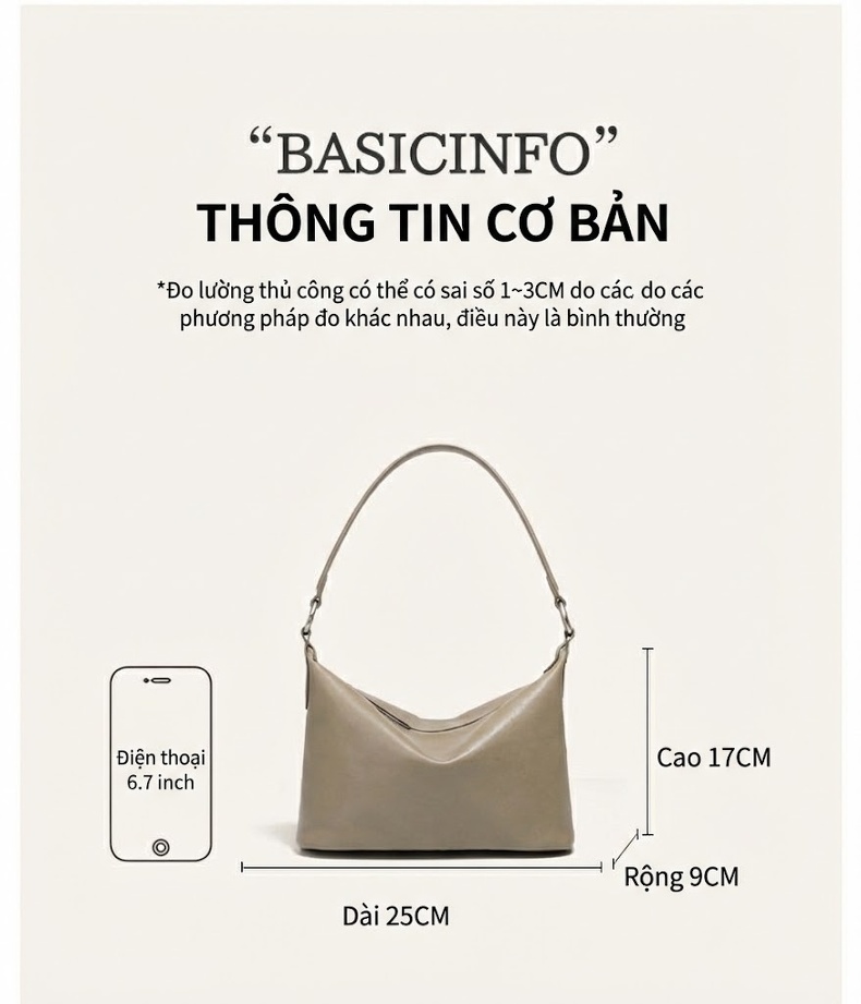 Túi Hobo Nữ Da Bò Vân Thực Vật Cổ Điển Đeo Vai, Đeo Chéo Màu Nâu, Đen, Xám chi tiết 7