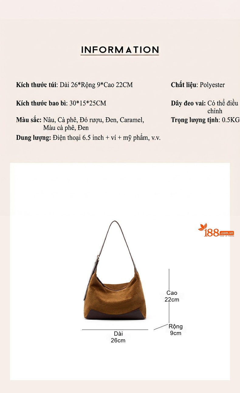 Túi Hobo Nữ Da Mờ Kiểu Bánh Bao Đeo Vai Đeo Chéo Phong Cách Công Sở Màu Nâu chi tiết 10