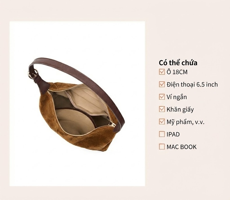 Túi Hobo Nữ Da Mờ Kiểu Bánh Bao Đeo Vai Đeo Chéo Phong Cách Công Sở Màu Nâu chi tiết 11