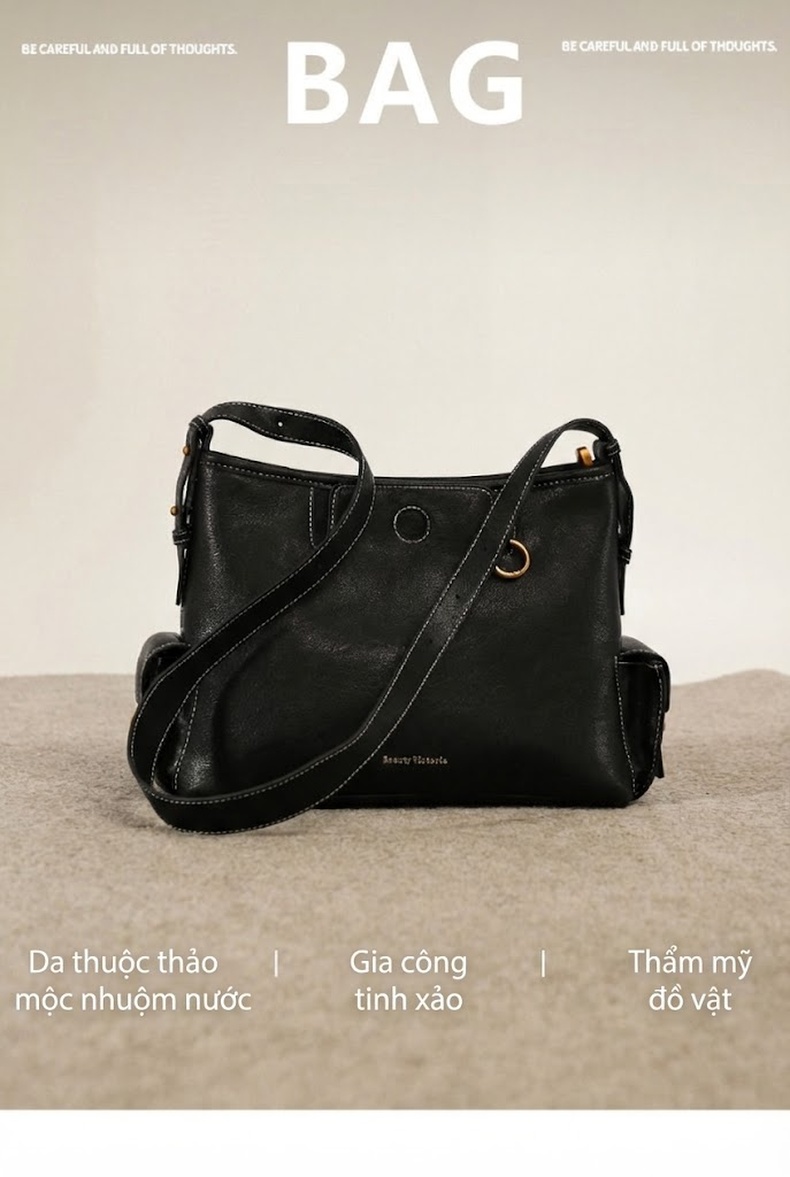 Túi Hobo Nữ Da Thuộc Thực Vật Theo Dấu Vết, Túi Đeo Vai Đơn Màu Đen chi tiết 1