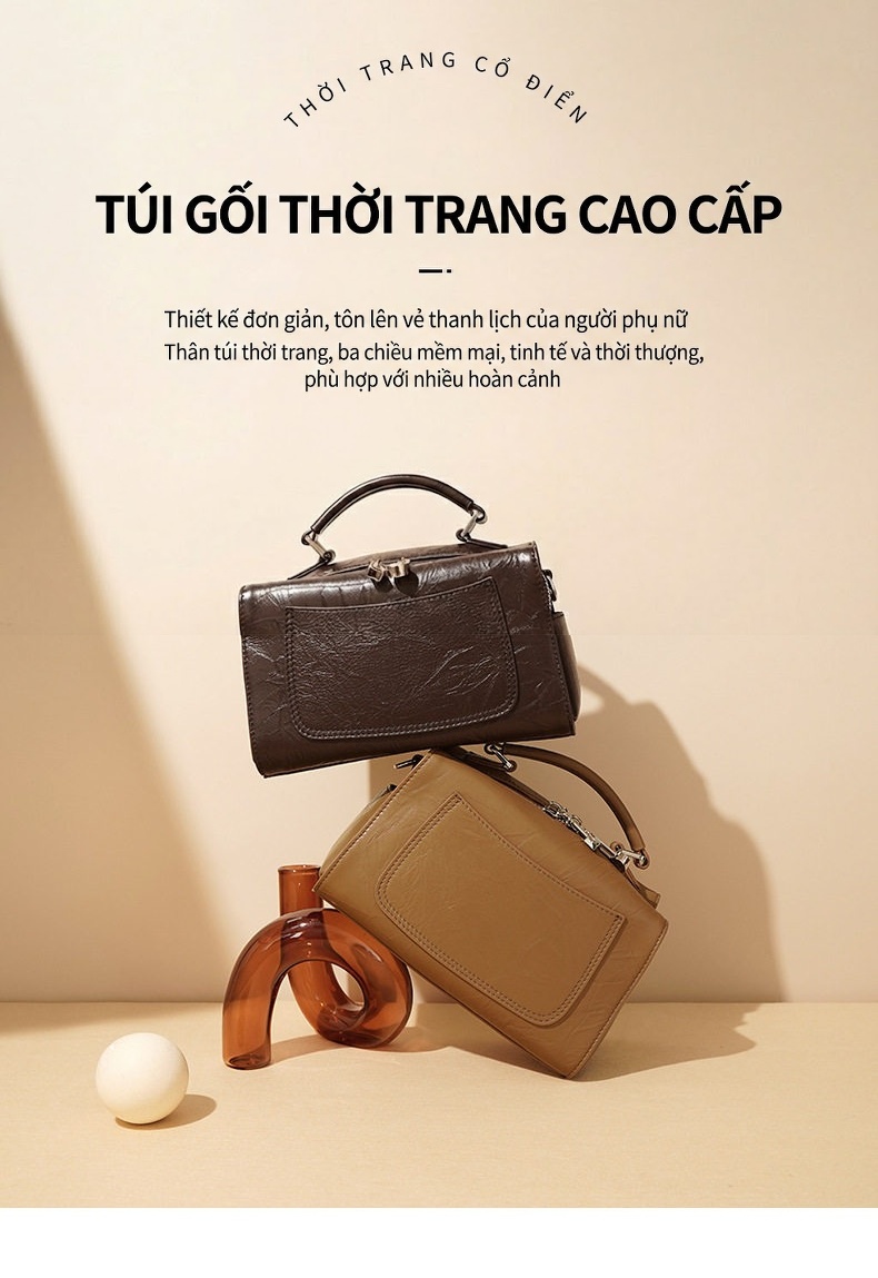 Túi Hộp Đeo Vai/Đeo Chéo Nữ Da Bò Thiết Kế Tối Giản Màu Nâu, Xanh Olive, Vàng Kem chi tiết 1