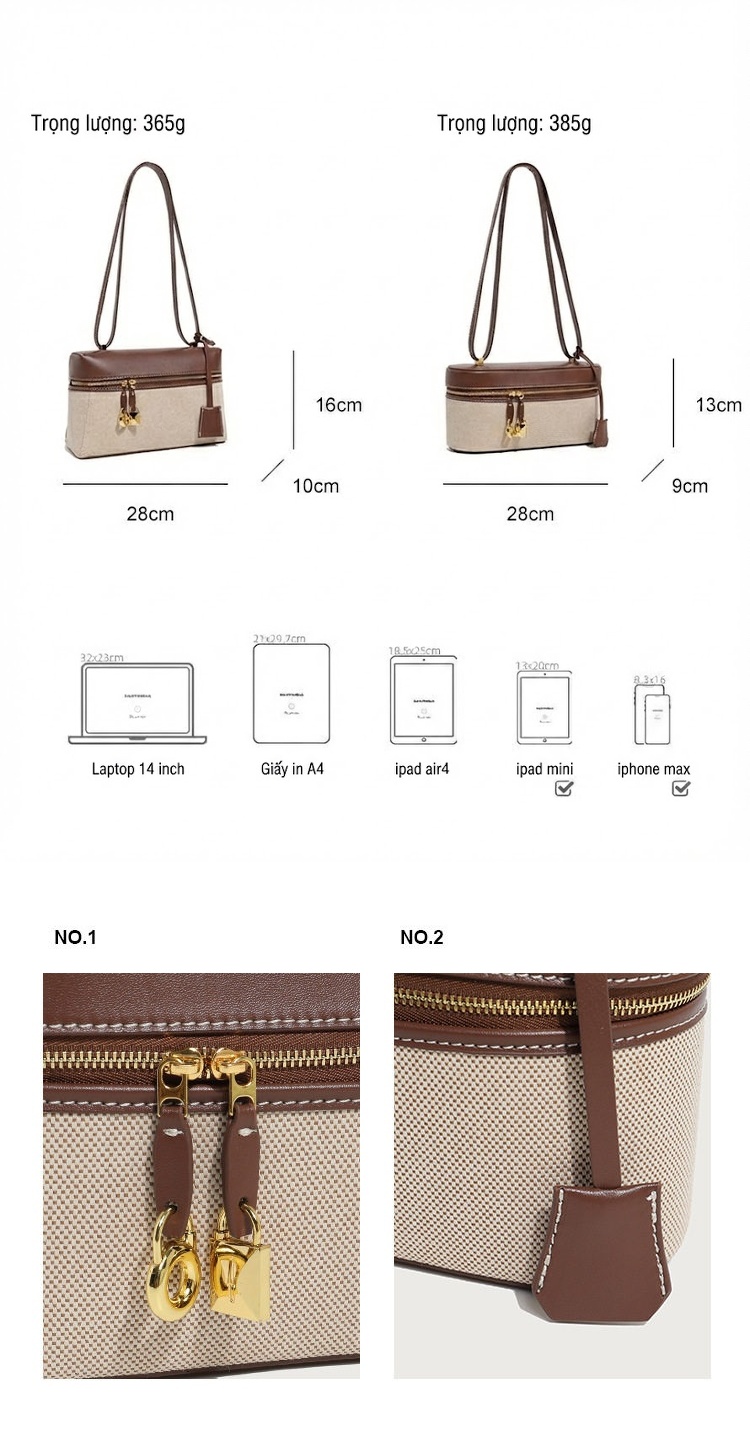 Túi Hộp Đeo Vai Nữ Vải Canvas Phối Da Đeo Chéo Thời Trang Màu Nâu, Kem chi tiết 3