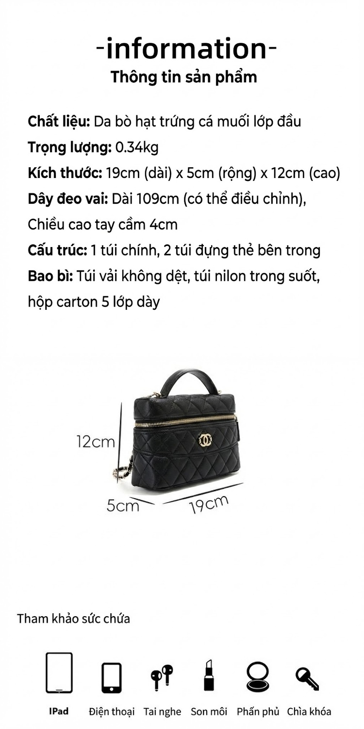 Túi Hộp Đựng Cơm Da Bò Họa Tiết Trám, Dây Xích Đeo Vai, Đeo Chéo Phong Cách Tiểu Hương Màu Đen chi tiết 2