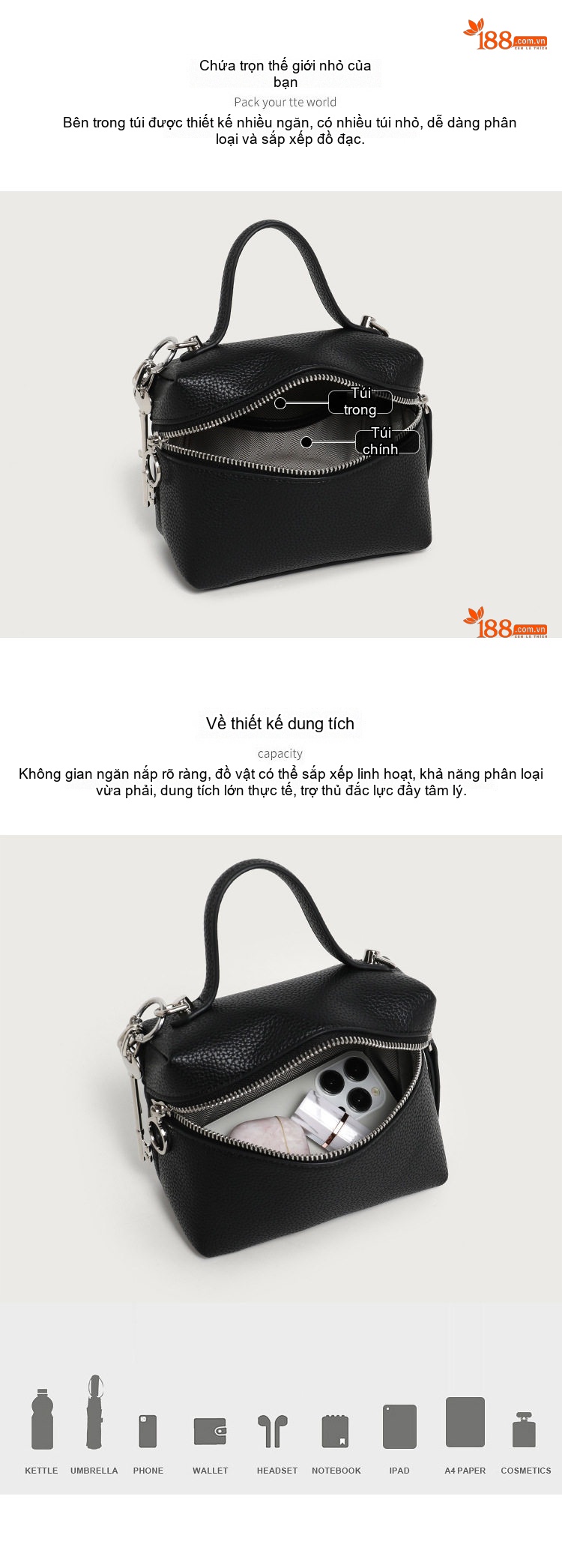 Túi Hộp Đựng Cơm Mini Xách Tay Da Mờ Kiểu Hàn Quốc Màu Trắng, Đen chi tiết 5