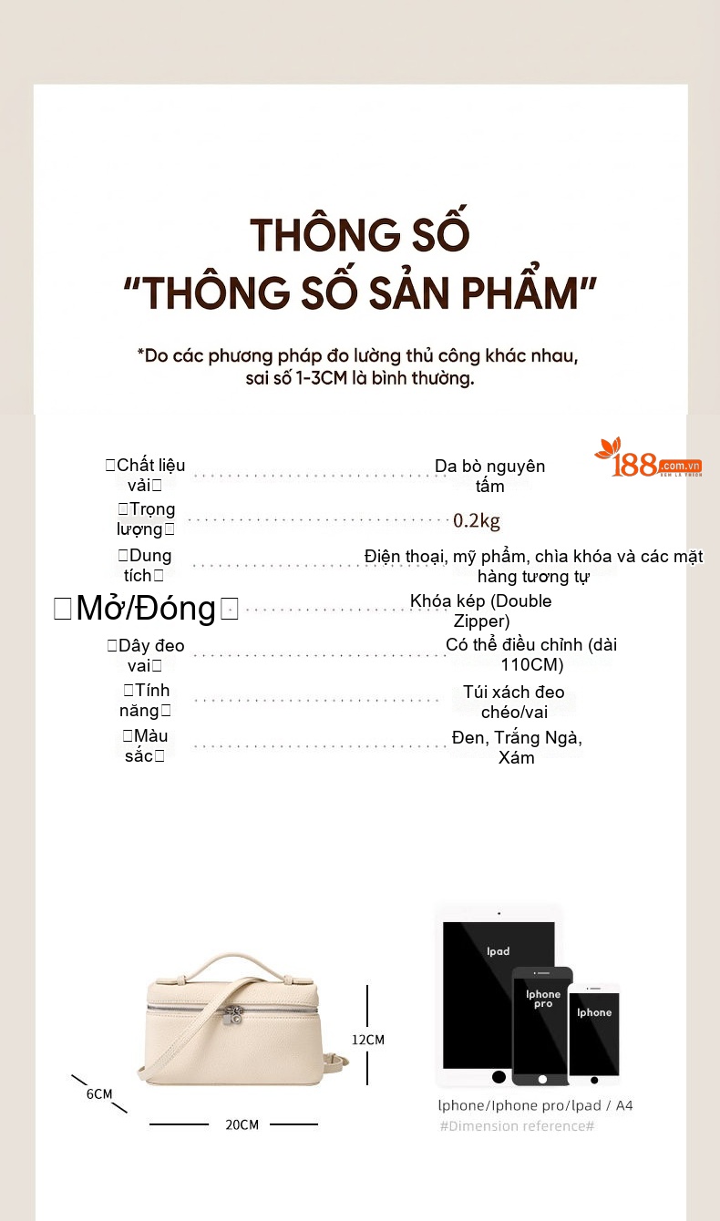 Túi Hộp Đựng Cơm Nữ Da Bò LP19, Túi Xách Tay, Túi Đeo Chéo Phong Cách Gigi Màu Đen, Kem, Nâu chi tiết 3