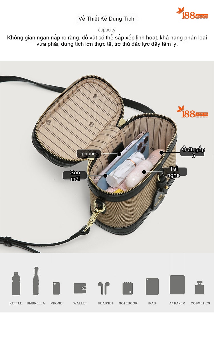 Túi Hộp Mini Nữ Họa Tiết Trắng Đen Vuông Tròn Đeo Vai Phong Cách Xuân Hè chi tiết 9