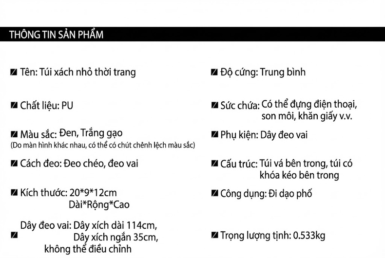 Túi Hộp Nữ Da Sần Dây Xích Đeo Chéo Thời Trang Màu Đen, Trắng chi tiết 9