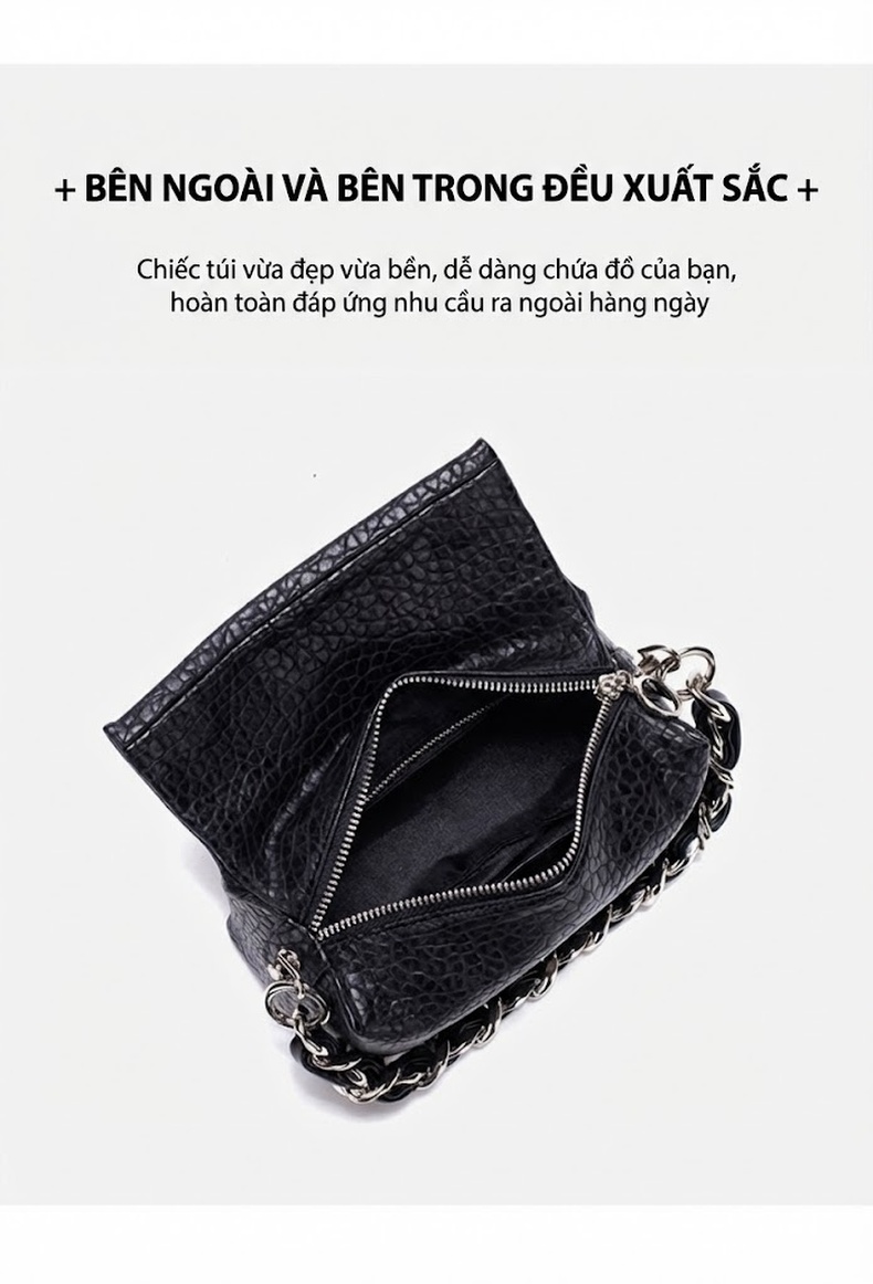 Túi Hộp Nữ Da Sần Dây Xích Đeo Chéo Thời Trang Màu Đen, Trắng chi tiết 6