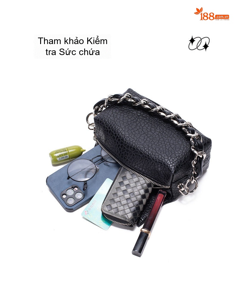 Túi Hộp Nữ Dây Xích Đeo Chéo Vân Litchi Phong Cách Thanh Lịch Màu Đen, Trắng Kem chi tiết 14