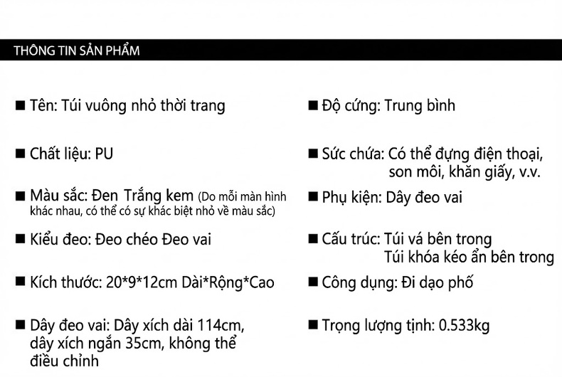Túi Hộp Nữ Dây Xích Đeo Chéo Vân Litchi Phong Cách Thanh Lịch Màu Đen, Trắng Kem chi tiết 16