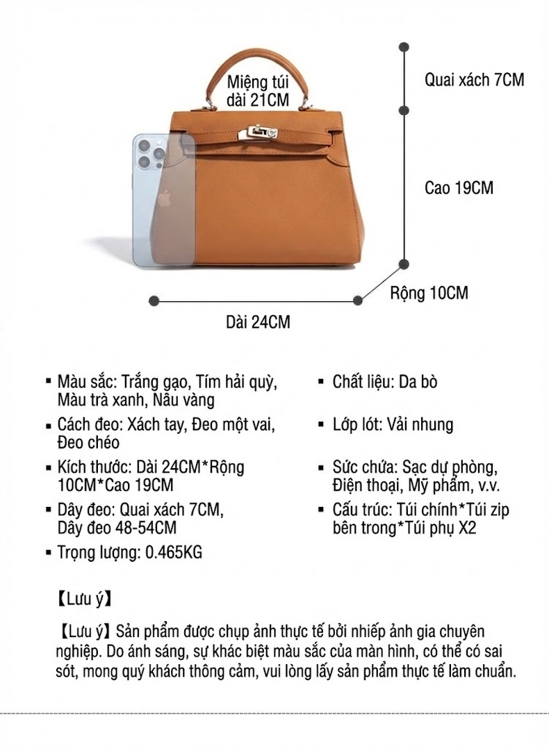 Túi Kelly 25 Da Bò Đeo Chéo, Xách Tay, Dung Tích Lớn Màu Nâu, Xanh Lá, Đen, Trắng... chi tiết 7