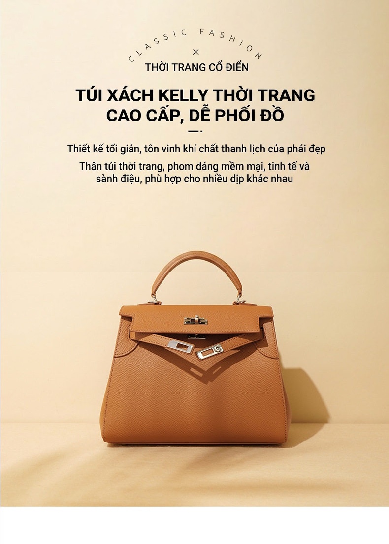 Túi Kelly 25 Da Bò Đeo Chéo, Xách Tay, Dung Tích Lớn Màu Nâu, Xanh Lá, Đen, Trắng... chi tiết 1
