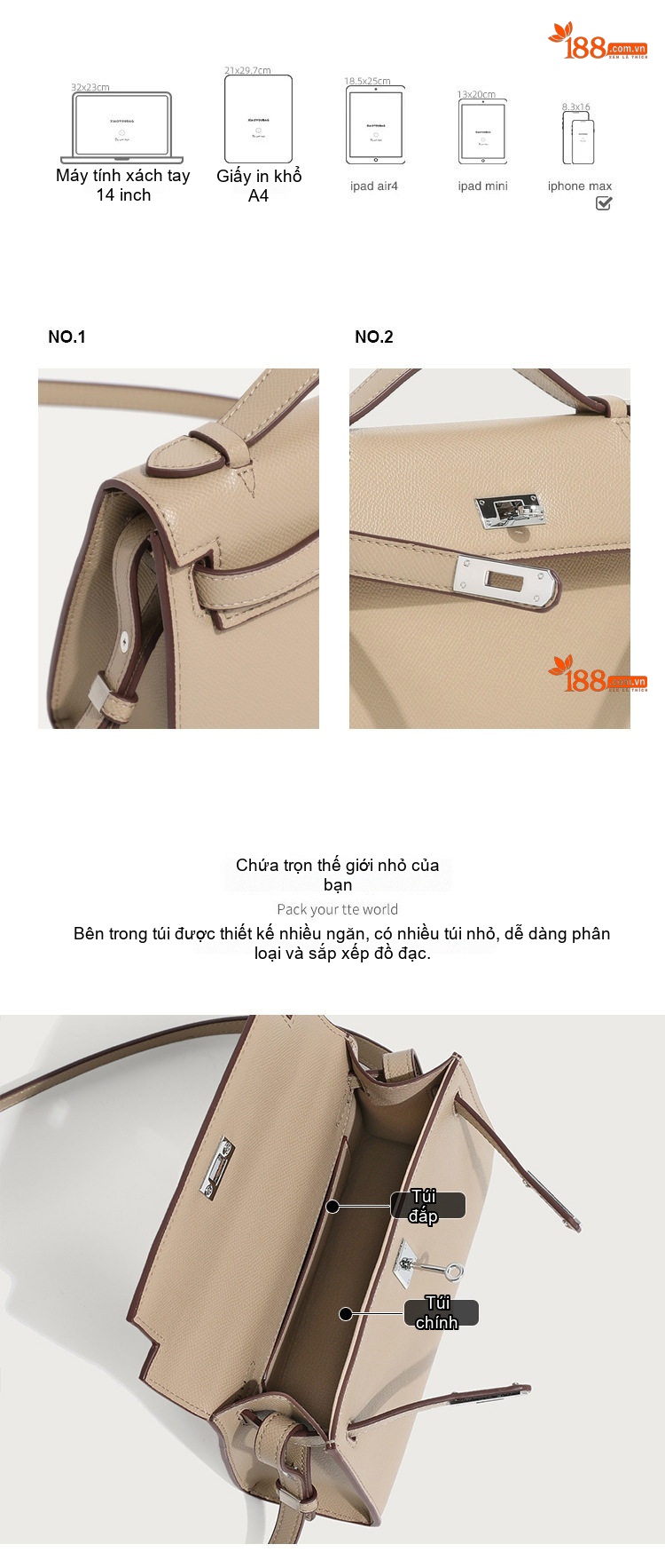 Túi Kelly Da Bề Mặt Mờ Đeo Vai Đeo Chéo Mini Thanh Lịch Màu Kem, Nâu, Đen chi tiết 4