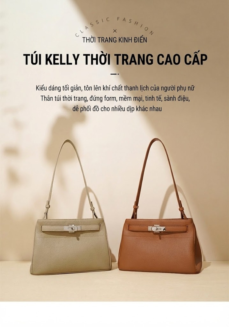 Túi Kelly Da Bò Khóa Cài Retro Đeo Vai/Xách Tay Màu Nâu, Kem, Vàng Be chi tiết 1
