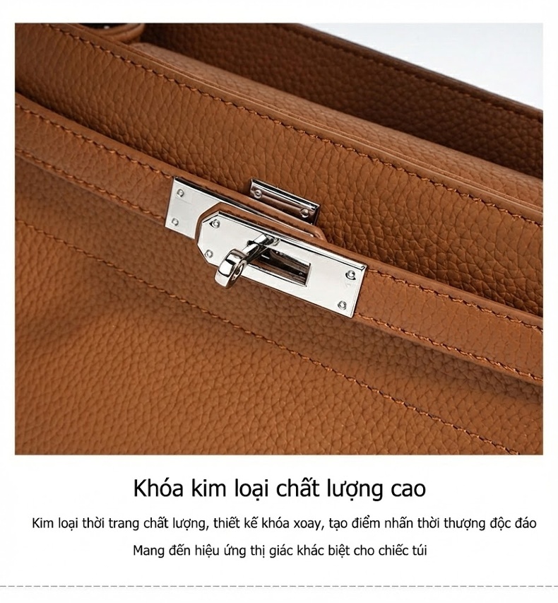 Túi Kelly Da Bò Khóa Cài Retro Đeo Vai/Xách Tay Màu Nâu, Kem, Vàng Be chi tiết 11