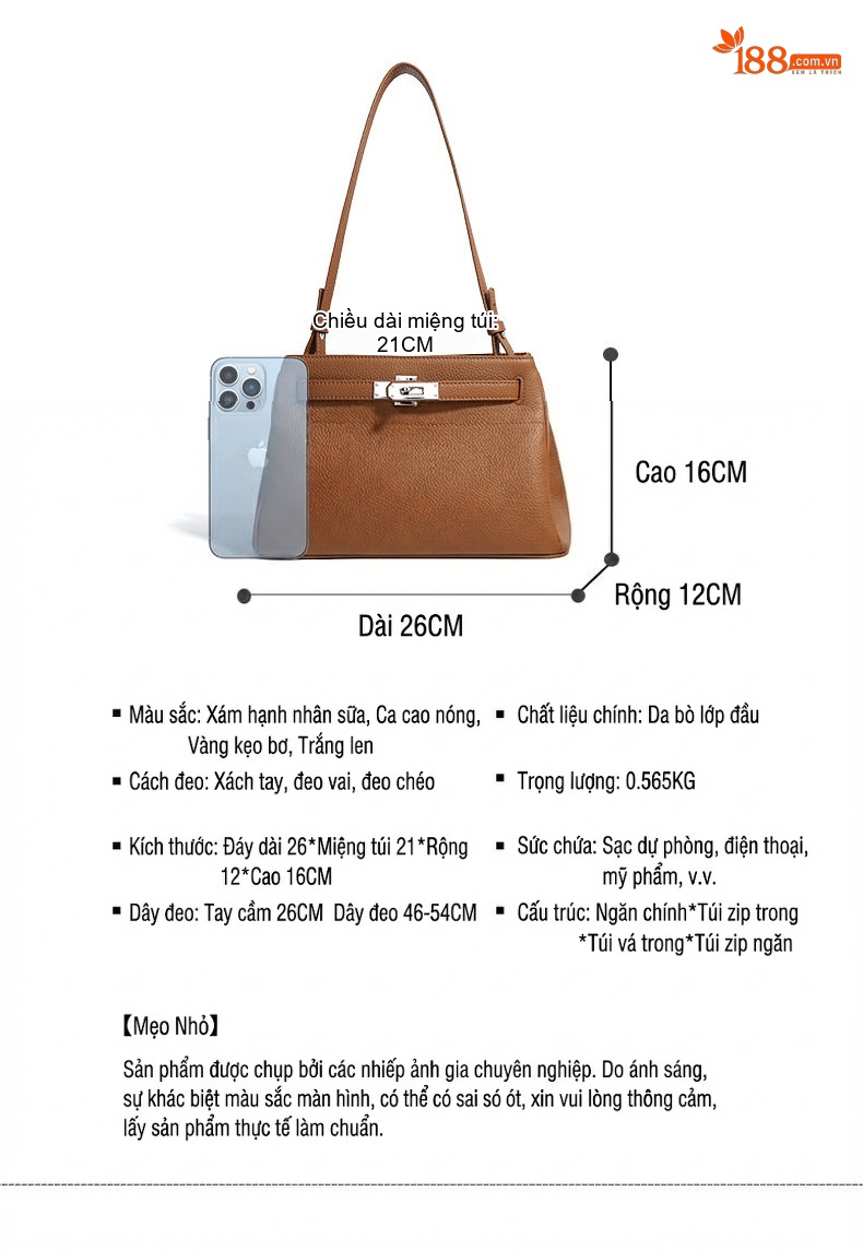 Túi Kelly Da Bò Khóa Cài Retro Đeo Vai/Xách Tay Màu Nâu, Kem, Vàng Be chi tiết 6