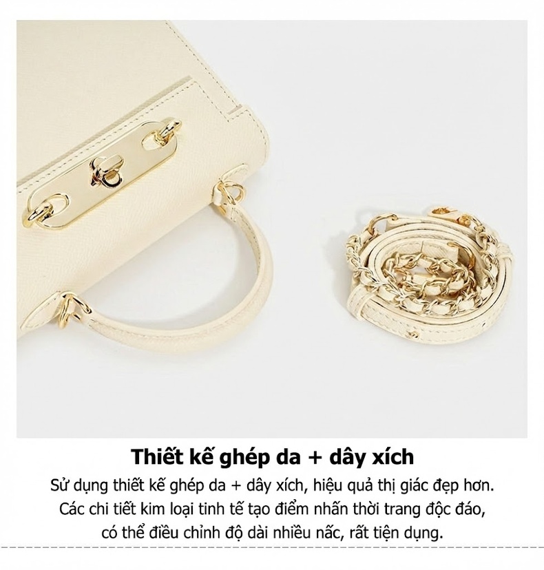 Túi Kelly Da Bò Mini Đeo Chéo Nắp Gập Dây Xích Màu Nâu, Trắng chi tiết 9