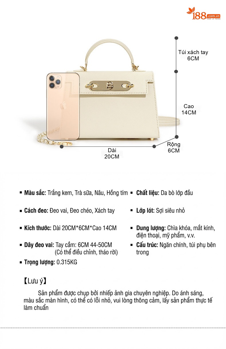Túi Kelly Da Bò Mini Đeo Chéo Nắp Gập Dây Xích Màu Nâu, Trắng chi tiết 4