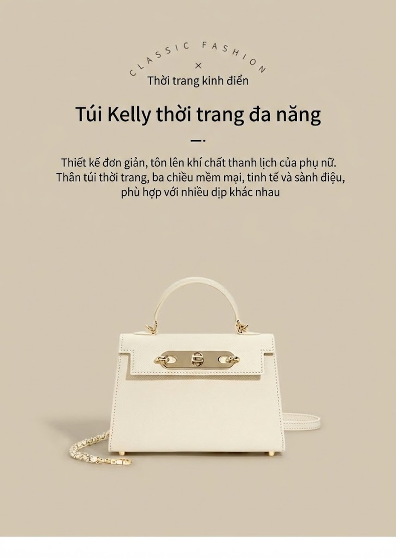 Túi Kelly Da Bò Mini Đeo Chéo Nắp Gập Dây Xích Màu Nâu, Trắng chi tiết 2