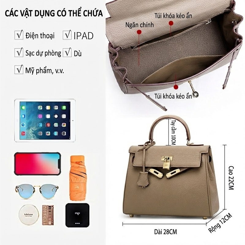 Túi Kelly Da Bò Thủ Công Cao Cấp, Túi Đeo Chéo, Xách Tay Màu Be
