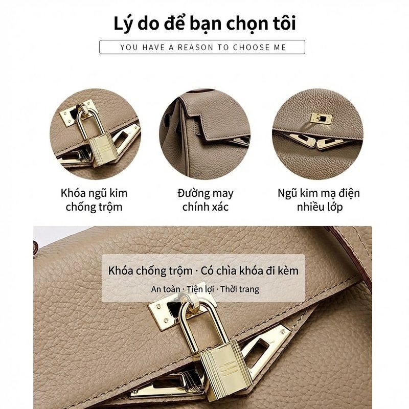 Túi Kelly Da Bò Thủ Công Cao Cấp, Túi Đeo Chéo, Xách Tay Màu Be