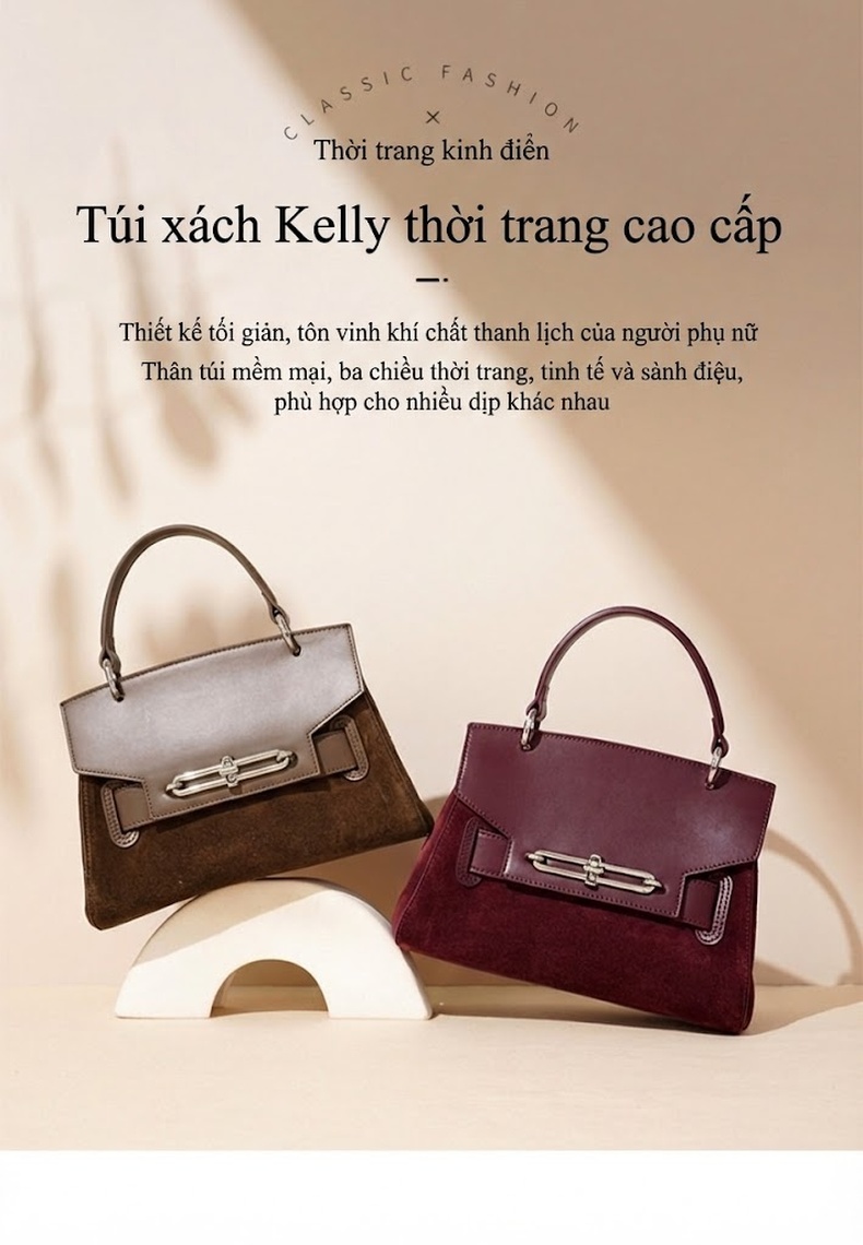 Túi Kelly Da Thật Đeo Vai/Xách Tay Phong Cách Công Sở Màu Nâu, Đỏ Rượu chi tiết 1