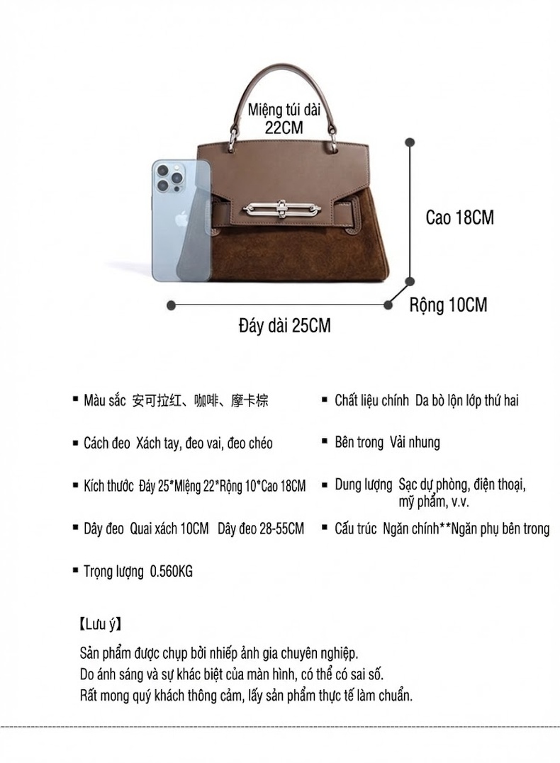 Túi Kelly Da Thật Đeo Vai/Xách Tay Phong Cách Công Sở Màu Nâu, Đỏ Rượu chi tiết 8