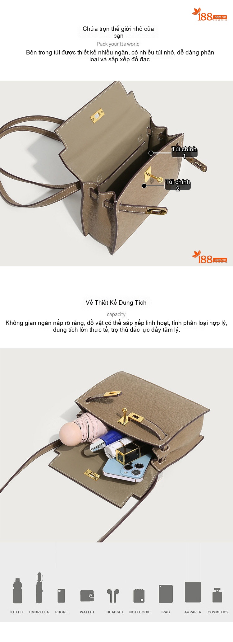 Túi Kelly Da Vân Lychee Đeo Vai/Xách Tay/Đeo Chéo Phong Cách Cổ Điển Màu Nâu, Trắng, Be, Xám chi tiết 4