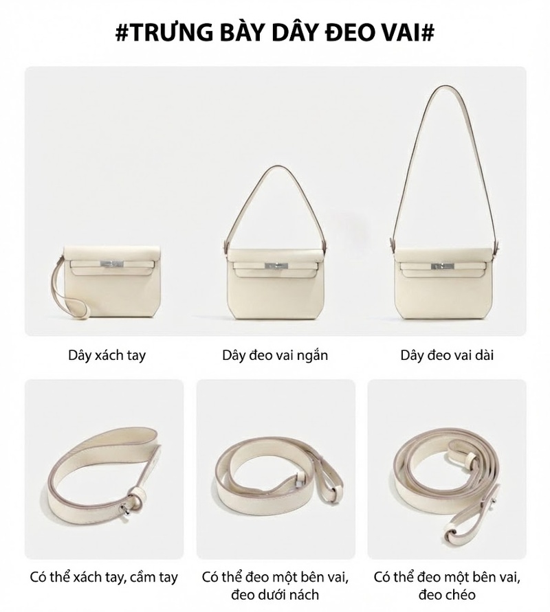 Túi Kelly Đeo Vai/Kẹp Nách Da Thật Đa Năng Màu Nâu, Đỏ Rượu, Xám, Trắng... chi tiết 4