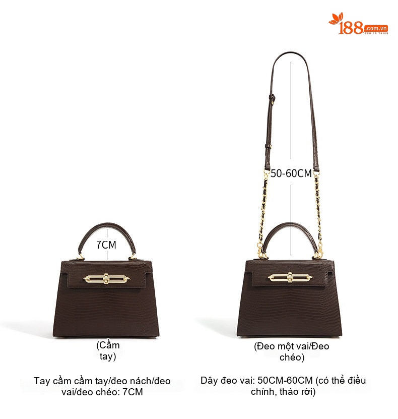 Túi Kelly Mini Da Bò Vân Thằn Lằn Đeo Vai, Đeo Chéo, Xách Tay Màu Nâu, Xanh Lá, Kem chi tiết 7