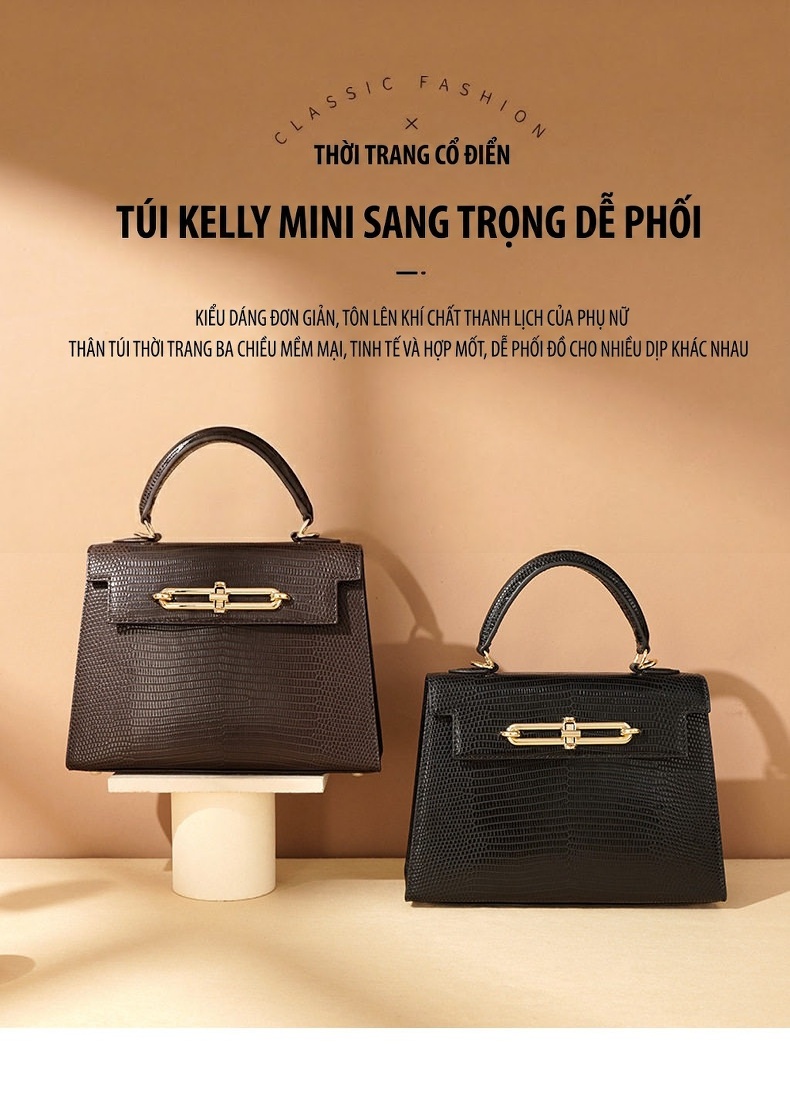 Túi Kelly Mini Da Bò Vân Thằn Lằn Đeo Vai, Đeo Chéo, Xách Tay Màu Nâu, Xanh Lá, Kem chi tiết 2