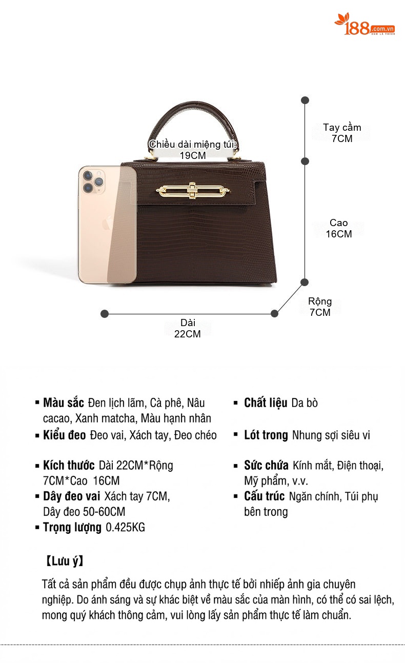 Túi Kelly Mini Da Bò Vân Thằn Lằn Đeo Vai, Đeo Chéo, Xách Tay Màu Nâu, Xanh Lá, Kem chi tiết 10