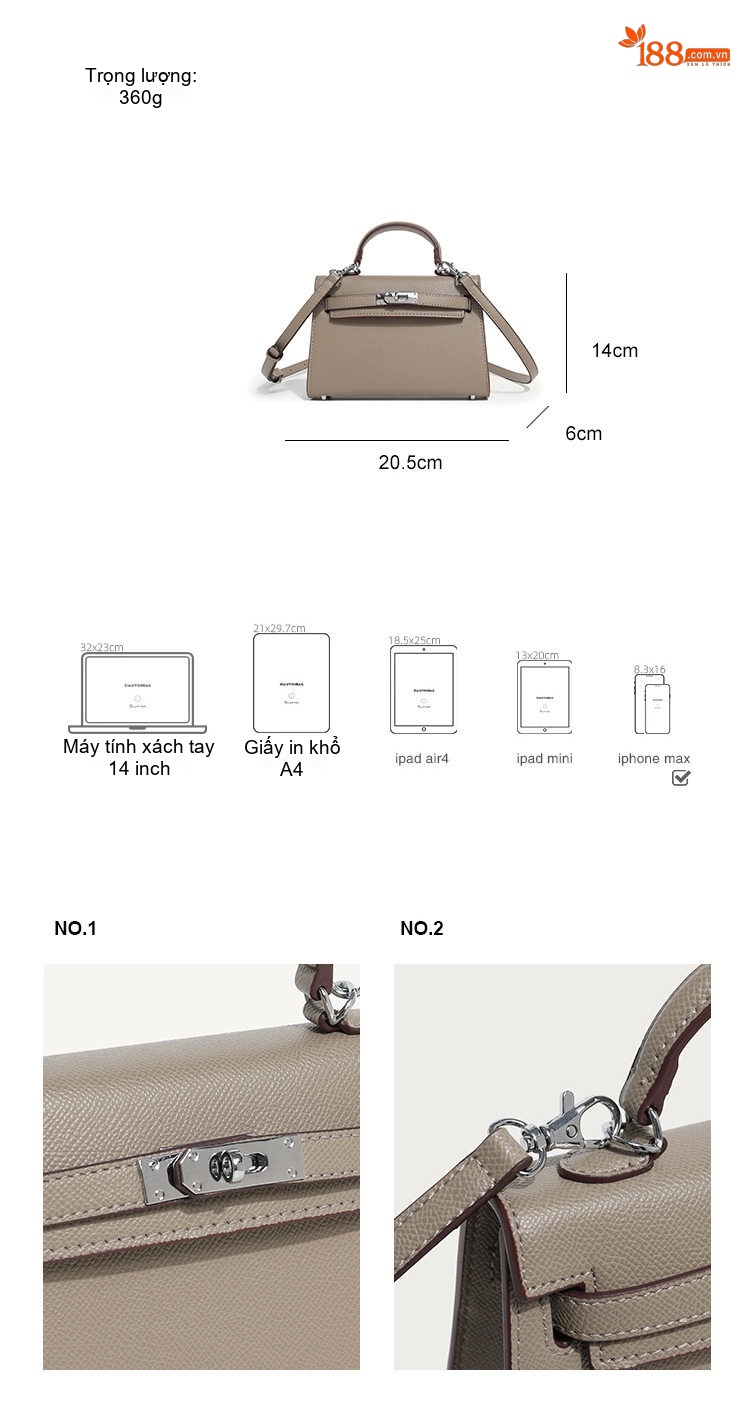 Túi Kelly Mini Da Vân Cá Sấu Đeo Vai, Xách Tay Màu Be, Trắng chi tiết 4