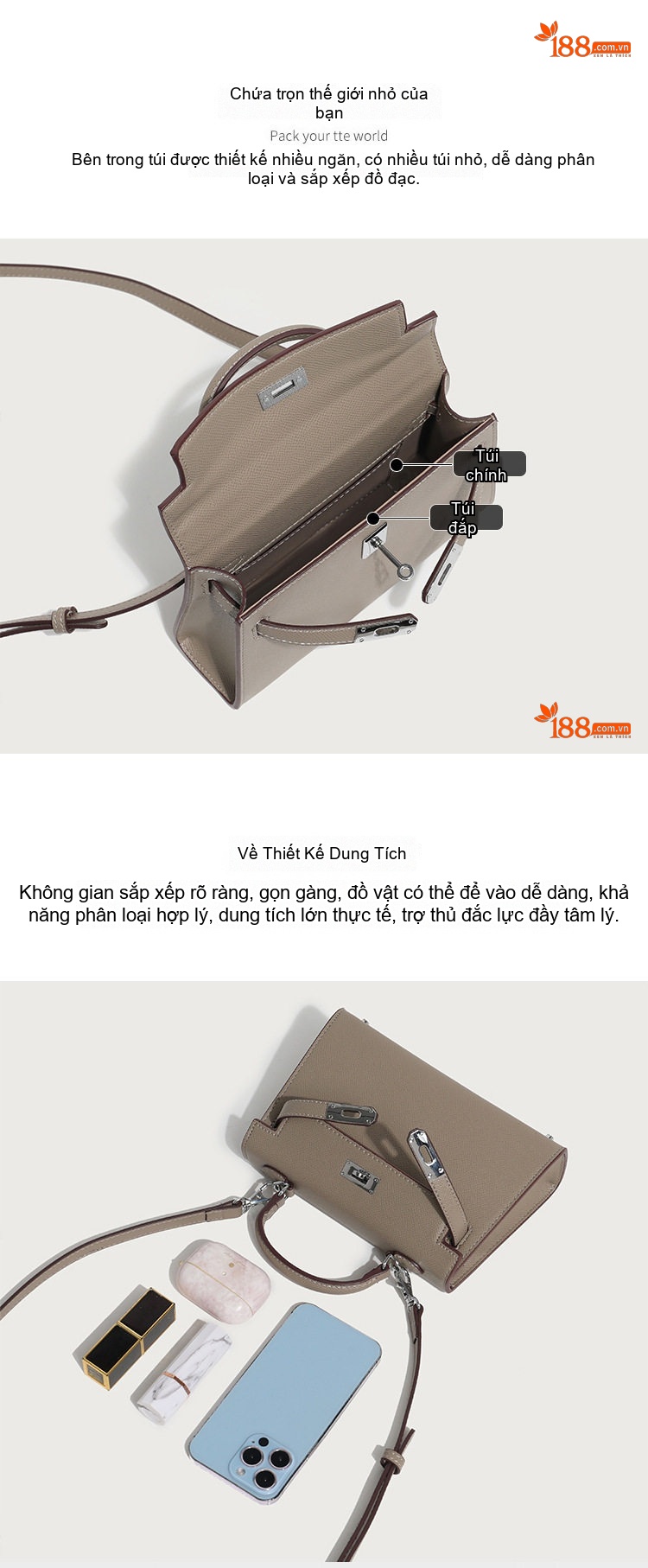 Túi Kelly Mini Da Vân Cá Sấu Đeo Vai, Xách Tay Màu Be, Trắng chi tiết 5