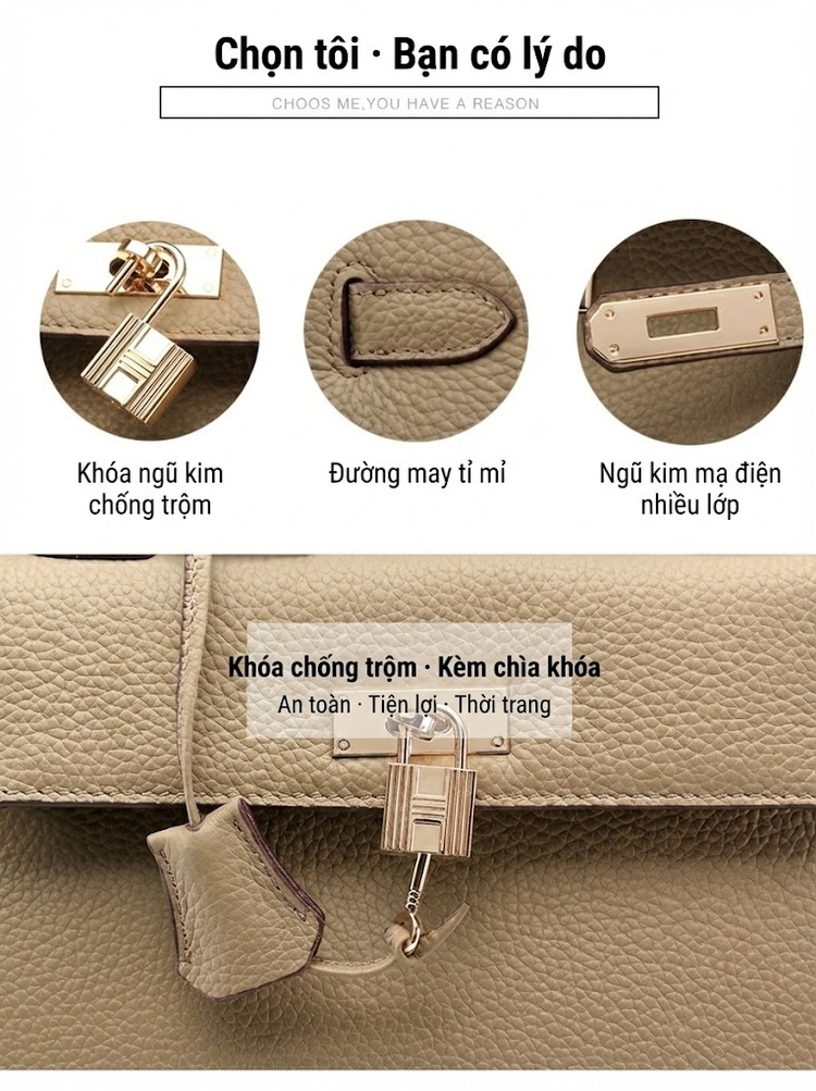 Túi Kelly Nữ Da Bò Cao Cấp, Túi Xách Tay, Túi Đeo Vai, Đeo Chéo Màu Nâu, Đen, Đỏ, Kem... chi tiết 9