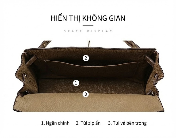 Túi Kelly Nữ Da Bò Cao Cấp, Túi Xách Tay, Túi Đeo Vai, Đeo Chéo Màu Nâu, Đen, Đỏ, Kem... chi tiết 15