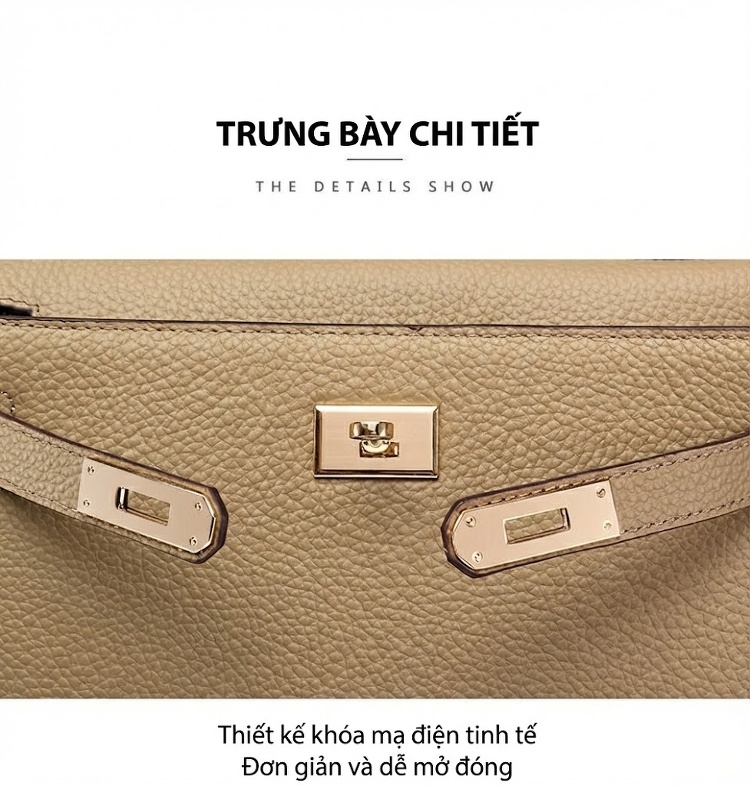 Túi Kelly Nữ Da Bò Cao Cấp, Túi Xách Tay, Túi Đeo Vai, Đeo Chéo Màu Nâu, Đen, Đỏ, Kem... chi tiết 31