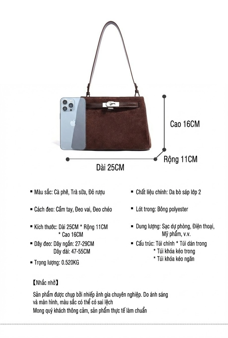 Túi Kelly Nữ Da Mờ Đeo Chéo Đeo Vai Dáng Kẹp Nách Sức Chứa Lớn Màu Nâu chi tiết 8