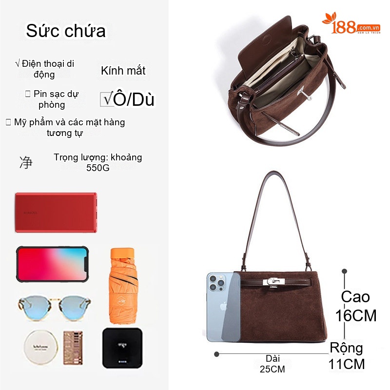 Túi Kelly Nữ Da Mờ Đeo Chéo Đeo Vai Dáng Kẹp Nách Sức Chứa Lớn Màu Nâu