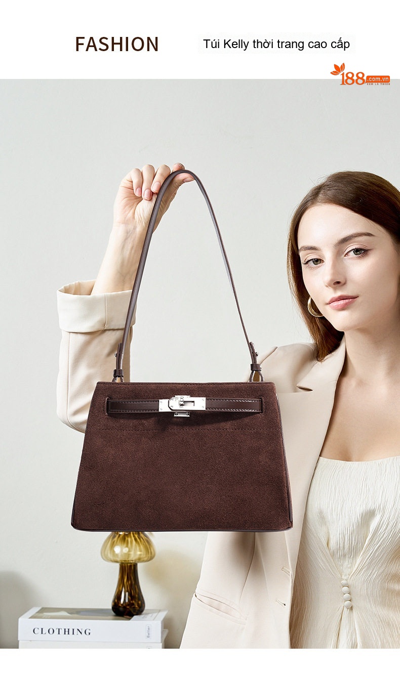 Túi Kelly Nữ Da Mờ Đeo Chéo Đeo Vai Dáng Kẹp Nách Sức Chứa Lớn Màu Nâu chi tiết 2