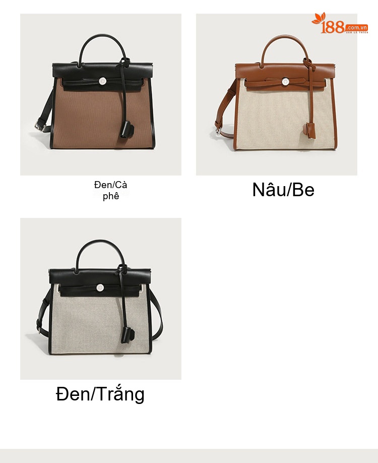 Túi Kelly Nữ Vải Canvas Màu Trắng Kem, Nâu, Đen, Vàng chi tiết 3