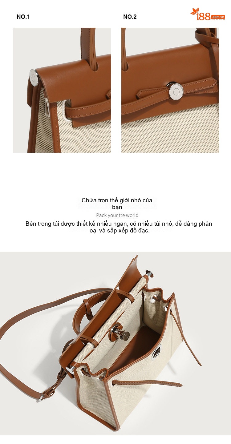 Túi Kelly Nữ Vải Canvas Màu Trắng Kem, Nâu, Đen, Vàng chi tiết 5