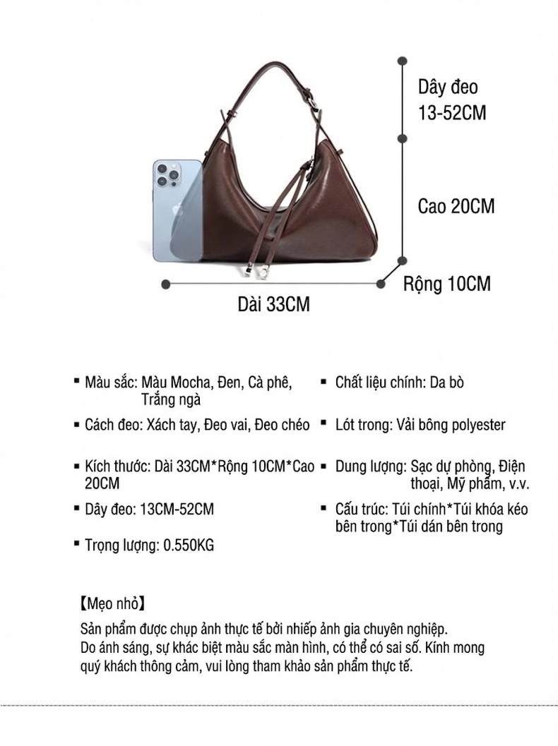 Túi Kẹp Nách Nữ Da Bò Trăng Khuyết Đeo Vai/Đeo Chéo Công Sở Màu Trắng, Nâu, Đen chi tiết 25