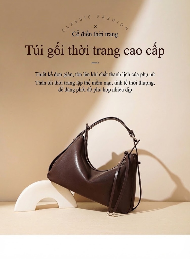 Túi Kẹp Nách Nữ Da Bò Trăng Khuyết Đeo Vai/Đeo Chéo Công Sở Màu Trắng, Nâu, Đen chi tiết 1