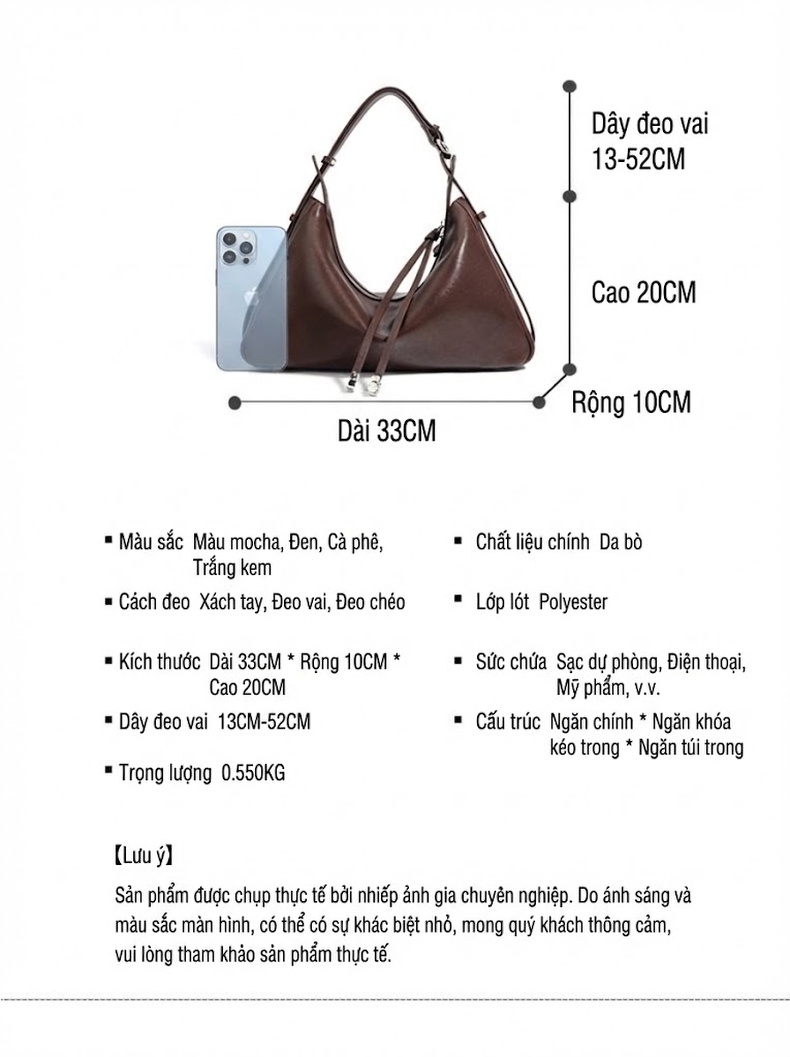 Túi Kẹp Nách Nữ Da Bò Trăng Khuyết Đeo Vai/Đeo Chéo Công Sở Màu Trắng, Nâu, Đen chi tiết 7